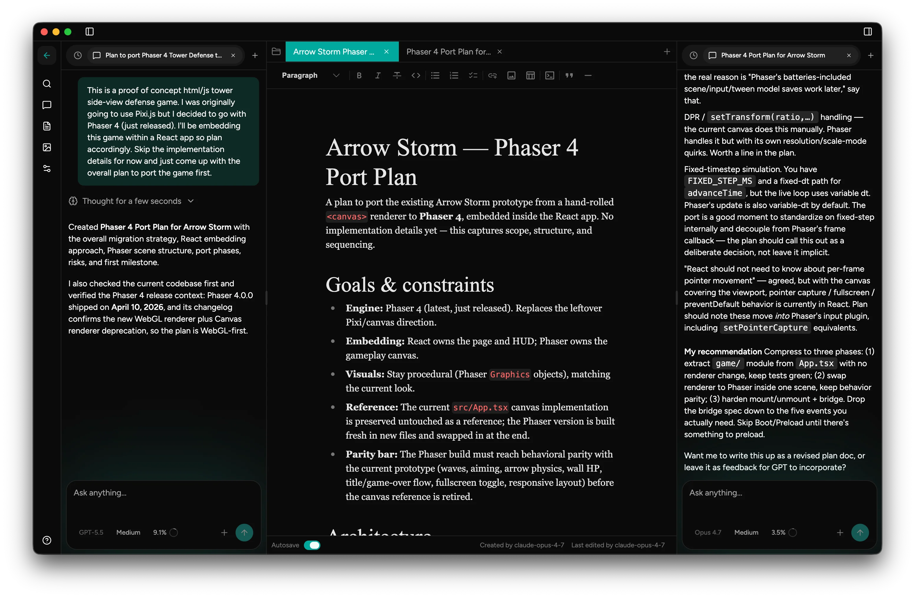 Trident desktop app — two chat panels around a shared document